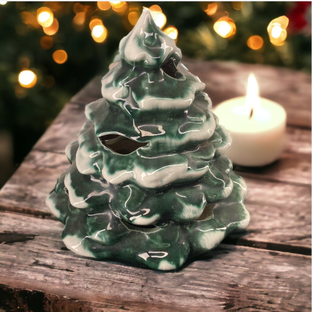 LIGHTED ORNAMENT -- Candle Holder, Green Tree with Snow, Flickering Appearence